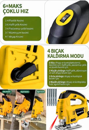 Schatz 800 W Lazerli Devir Ayarlı Dekupaj Testere Makinesi Sarı + 5 Adet Testere Ucu