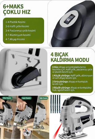 Schatz 800 W Lazerli Devir Ayarlı Dekupaj Testere Makinesi Gri + 5 Adet Testere Ucu