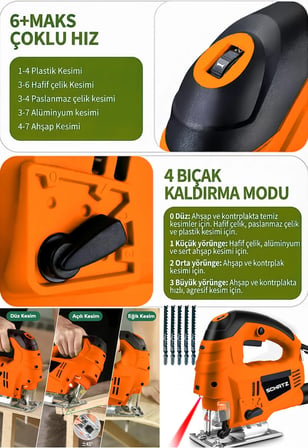 Schatz 800 W Lazerli Devir Ayarlı Dekupaj Testere Makinesi Turuncu + 5 Adet Testere Ucu