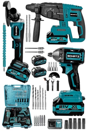 Schatz 21V Kömürsüz Çift Akülü Şarjlı 3'lü Set Spiral Taşlama + Kırıcı Delici Hilti + Somun Sıkma Sökme Makinesi Mavi