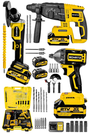 Schatz 21V Kömürsüz Çift Akülü Şarjlı 3'lü Set Spiral Taşlama + Kırıcı Delici Hilti + Somun Sıkma Sökme Makinesi Sarı