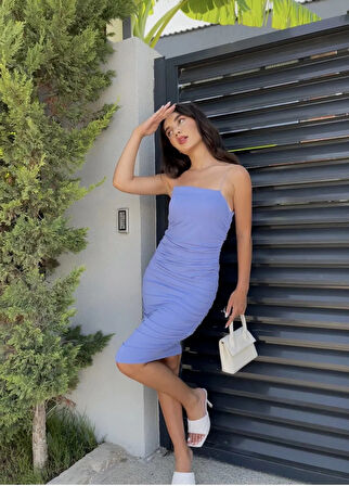 Maison La Femme Bebe Mavi İnce Askılı Drapeli Midi Elbise