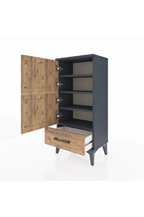 Arges Komodin 4 Raflı Tek Çekmeceli 2 Kapaklı 44x30x96 Antrasit-Çam