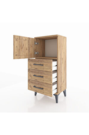 Arges Komodin Tek Raflı 3 Çekmeceli Tek Kapaklı 44x30x96 Çam-Çam