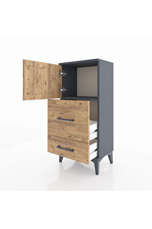 Arges Komodin Tek Raflı 2 Çekmeceli Tek Kapaklı 44x30x96 Antrasit-Çam