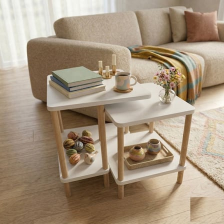 tridihome Modern Minimal Tasarım Yan Sehpa Dekoratif Ahşap Traverten,Meşe,Beyaz Zigon Sehpa 2li Set 40*50cm