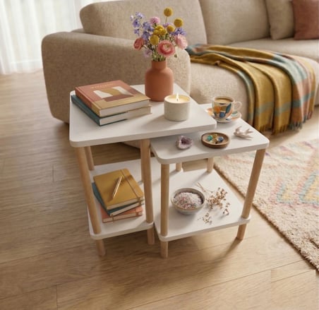 tridihome Modern Minimal Tasarım Yan Sehpa Dekoratif Ahşap Traverten,Meşe,Beyaz Zigon Sehpa 2li Set 40*50cm