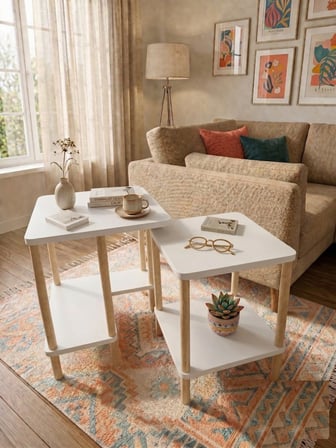 tridihome Modern Minimal Tasarım Yan Sehpa Dekoratif Ahşap Traverten,Meşe,Beyaz Zigon Sehpa 2li Set 40*50cm
