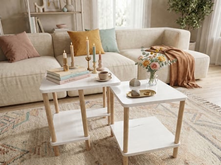 tridihome Modern Minimal Tasarım Yan Sehpa Dekoratif Ahşap Traverten,Meşe,Beyaz Zigon Sehpa 2li Set 40*50cm
