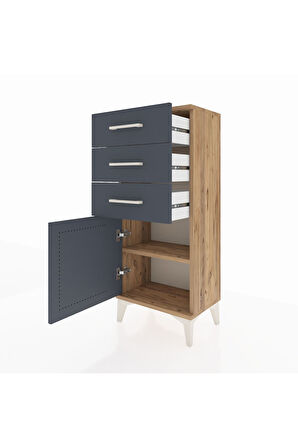 Arges Komodin Tek Raflı 3 Çekmeceli Tek Kapaklı 44x30x106 Çam-Antrasit