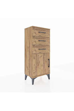 Arges Komodin Tek Raflı 3 Çekmeceli Tek Kapaklı 44x30x106 Çam-Çam