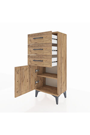 Arges Komodin Tek Raflı 3 Çekmeceli Tek Kapaklı 44x30x106 Çam-Çam