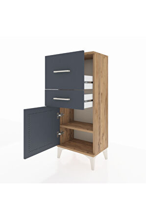 Arges Komodin Tek Raflı 2 Çekmeceli Tek Kapaklı 44x30x106 Çam-Antrasit