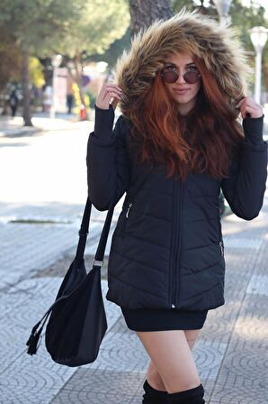 Barbora Kışlık Eldivenli Kapüşonu Kürklü Kadın Şişme Mont bt121siyah