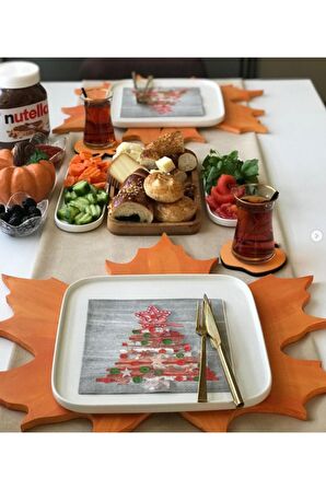 Turuncu Çınar Yaprağı Ahşap Supla - Amerikan Servis - Tabak Altı