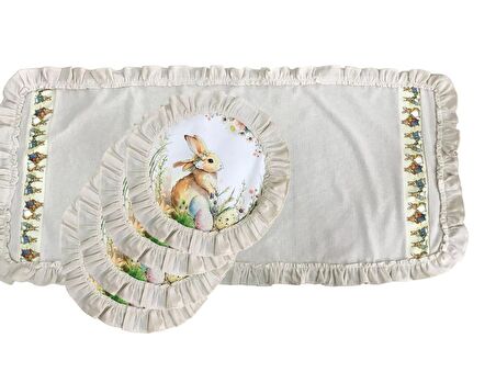 Keten, Bohem, Fırfırlı, Vintage, 4 Adet Yuvarlak Amerikan Servis ve Fırfırlı Runner Tavşan Set