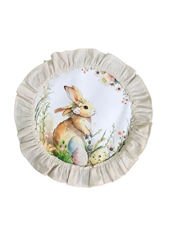 Keten, Bohem, Fırfırlı, Vintage, 4 Adet Yuvarlak Amerikan Servis ve Fırfırlı Runner Tavşan Set