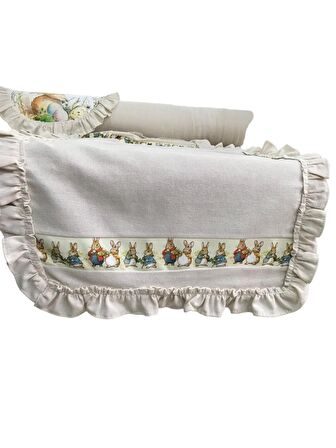 Keten, Bohem, Fırfırlı, Vintage, 4 Adet Yuvarlak Amerikan Servis ve Fırfırlı Runner Tavşan Set