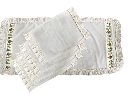 Keten, Bohem, Fırfırlı, Vintage, 4 Adet Amerikan Servis ve Fırfırlı Runner Tavşan Set