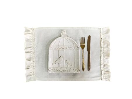 Keten, Bohem, Fırfırlı, Vintage, 4 Adet Amerikan Servis ve Fırfırlı Runner Tavşan Set