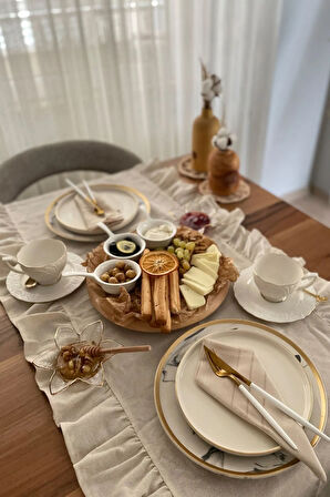 Vintage Naturel Fırfırlı Keten Runner