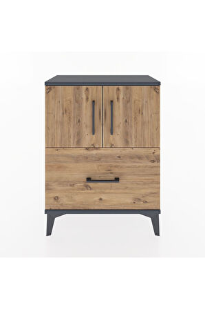 Arges Komodin Tek Raflı Tek Çekmeceli 2 Kapaklı 60x30x80 Antrasit-Çam