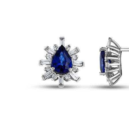 0.30 Karat Baget Taşlı Pırlantalı Safir Küpe