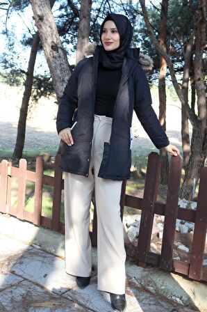 Barbora Kışlık Kürk Yaka Şişme Kadın Tesettür Mont 7112siyahtesettür
