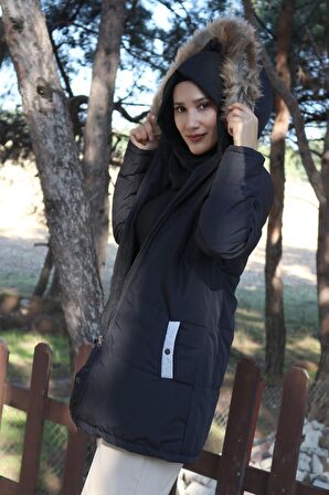 Barbora Kışlık Kürk Yaka Şişme Kadın Tesettür Mont 7112siyahtesettür