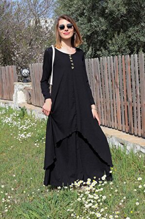 Barbora Günlük Yazlık Salaş Kadın İki Katlı  Elbise bt225siyah3