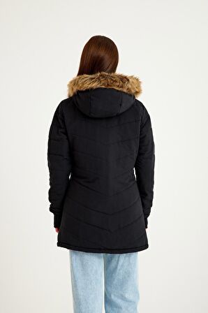 Barbora Kışlık Eldivenli Kapüşonlu Kürklü Kadın Şişme Mont bt121siyah5