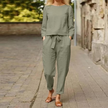 Barbora Keten Günlük Rahat Beli Kemerli Kadın İkili Takım Alt Üst LN01haki22