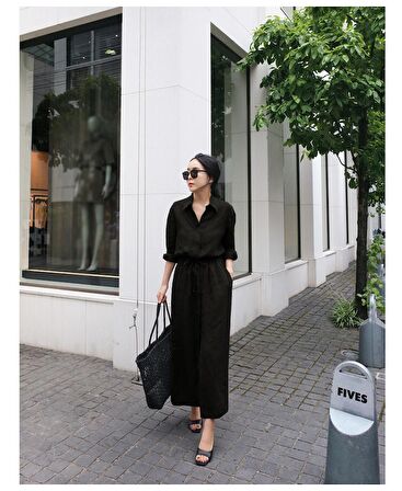 Barbora Keten Günlük Rahat Beli Bağcık Detaylı Uzun Kol Elbise LN07SİYAH7