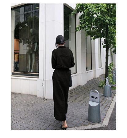 Barbora Keten Günlük Rahat Beli Bağcık Detaylı Uzun Kol Elbise LN07SİYAH7