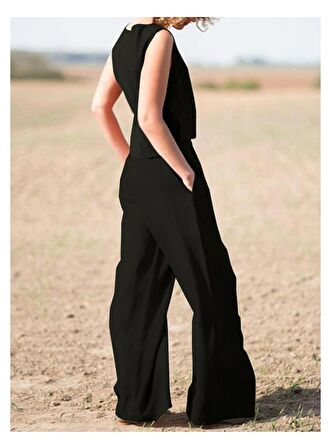 Barbora Keten Günlük Rahat  Kolsuz  Alt Üst Kadın Takım LN08siyah9