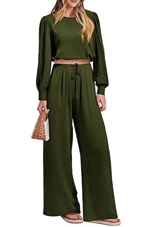 Barbora Keten Yazlık Yüksek Bel Pantolon Balon Kol Tasarım Bluz İkili takım Alt Üst Ln25haki