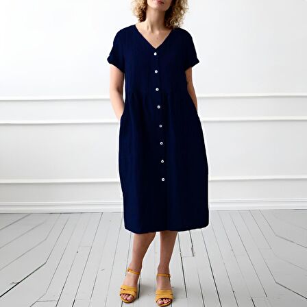 Barbora Keten Günlük Yazlık V yaka Kısa Kol Düğme Detaylı Kadın Elbise LN278lacivert10