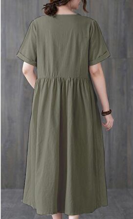 Barbora Keten Günlük Rahat V Yaka Beli Büzgü Detaylı Düğmeli Elbise LN04haki5