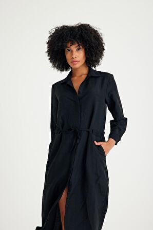 Barbora Keten Günlük Rahat Beli Bağcık Detaylı Uzun Kol Elbise LN07SİYAH8