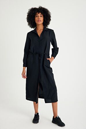 Barbora Keten Günlük Rahat Beli Bağcık Detaylı Uzun Kol Elbise LN07SİYAH8