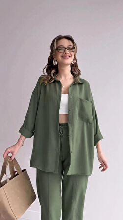 Barbora Keten Günlük İkili Takım Elbise Pantolon Gömlek Ln21haki14