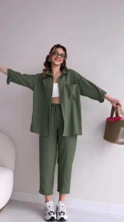 Barbora Keten Günlük İkili Takım Elbise Pantolon Gömlek Ln21haki14