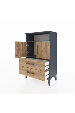 Arges Komodin 2 Raflı 2 Çekmeceli 2 Kapaklı 60x30x96 Antrasit-Çam