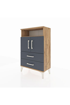 Arges Komodin 2 Raflı 2 Çekmeceli 2 Kapaklı 60x30x96 Çam-Antrasit