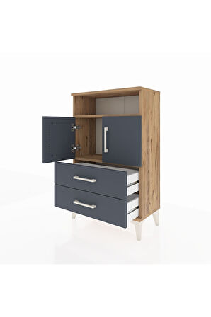 Arges Komodin 2 Raflı 2 Çekmeceli 2 Kapaklı 60x30x96 Çam-Antrasit