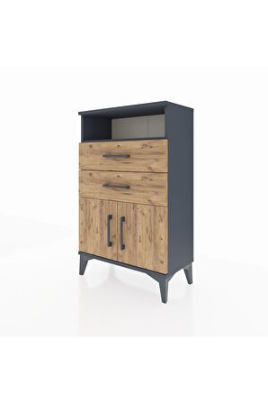 Arges Komodin Tek Raflı 2 Çekmeceli 2 Kapaklı 60x30x96 Antrasit-Çam