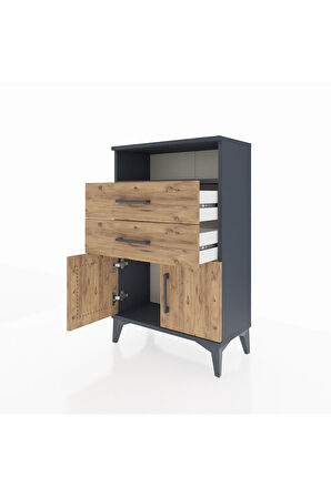 Arges Komodin Tek Raflı 2 Çekmeceli 2 Kapaklı 60x30x96 Antrasit-Çam