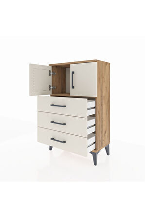 Arges Komodin Tek Raflı 3 Çekmeceli 2 Kapaklı 60x30x96 Çam-Aytaşı