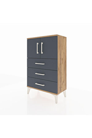 Arges Komodin Tek Raflı 3 Çekmeceli 2 Kapaklı 60x30x96 Çam-Antrasit