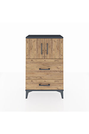 Arges Komodin Tek Raflı 2 Çekmeceli 2 Kapaklı 60x30x96 Antrasit-Çam